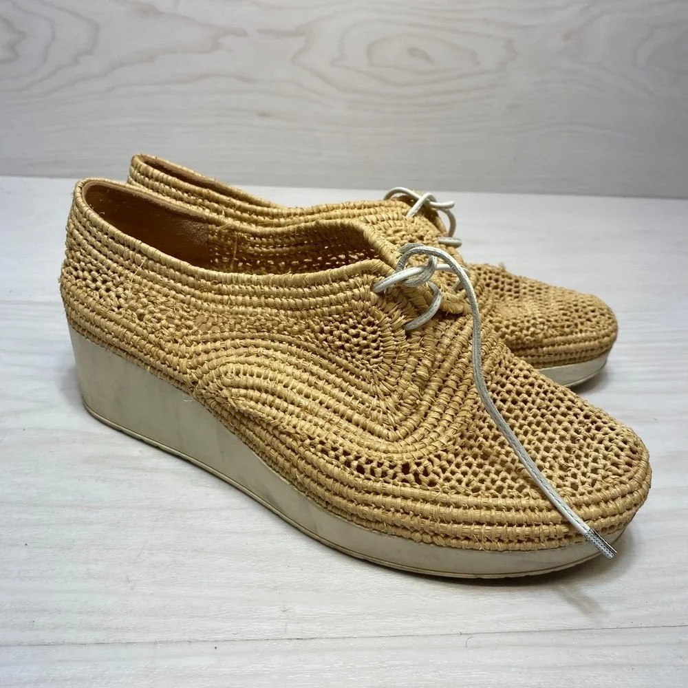 Robert Clergerie Wedge Platform Shoes Womens 6 Beige Lisa Woven Natural Raffia
